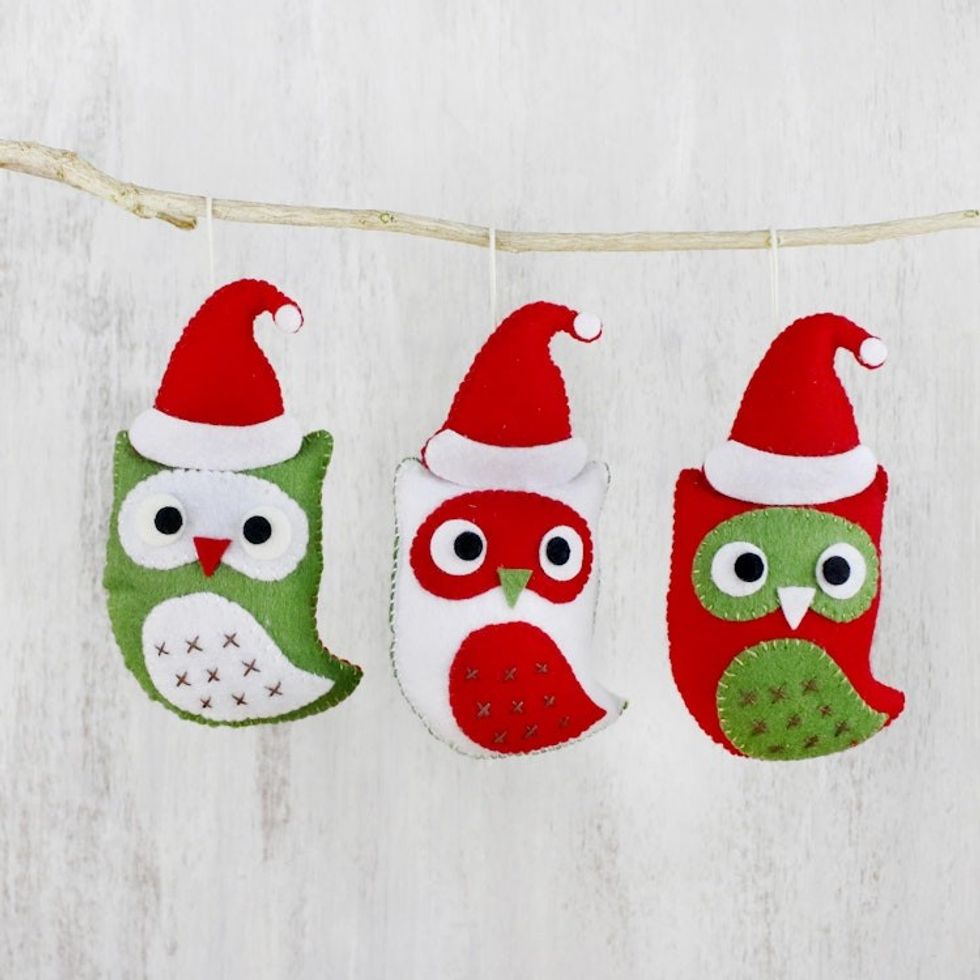 Felt Owl Christmas Ornaments Set of 3 from Thailand 'Santa's Owls set of 3'