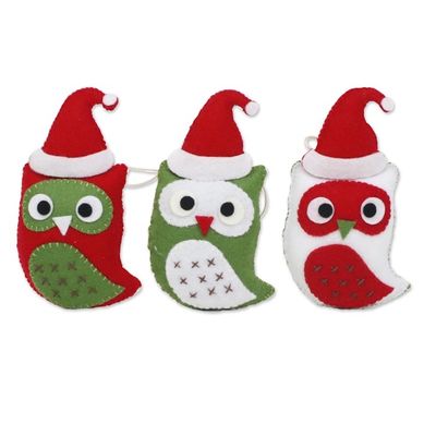 Alternate image for Felt Owl Christmas Ornaments Set of 3 from Thailand Santas Owls set of 3