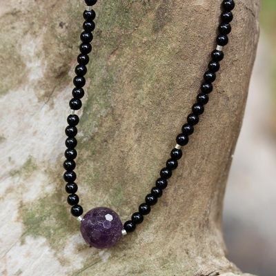 Alternate image for Unique Beaded Amethyst and Onyx Necklace Brilliant Amethyst