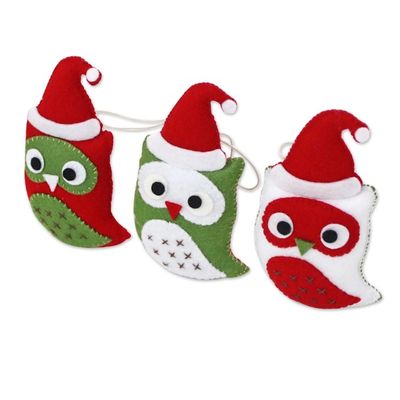 Alternate image for Felt Owl Christmas Ornaments Set of 3 from Thailand Santas Owls set of 3