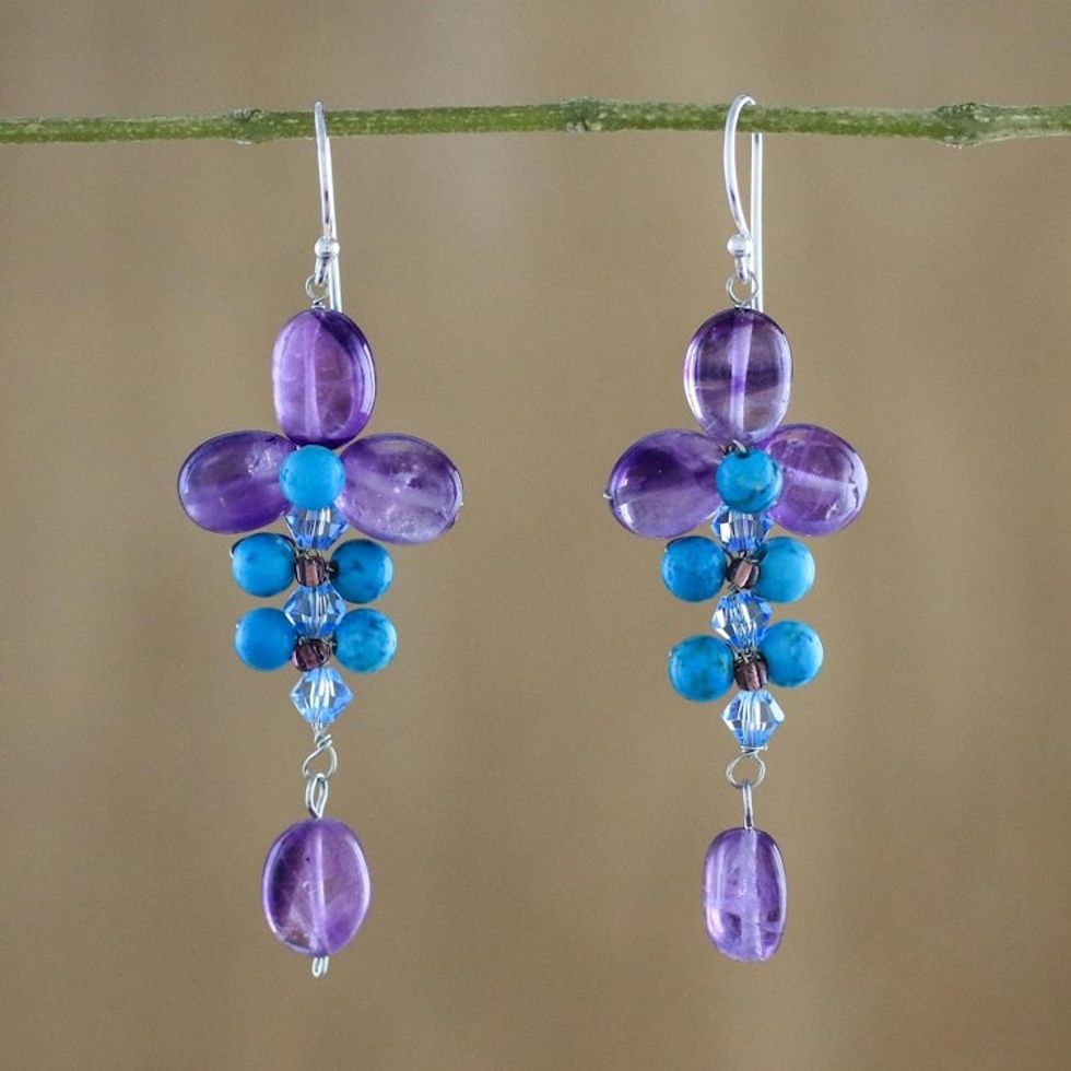 Amethyst and Calcite Dangle Earrings from Thailand 'Succulent Vines'