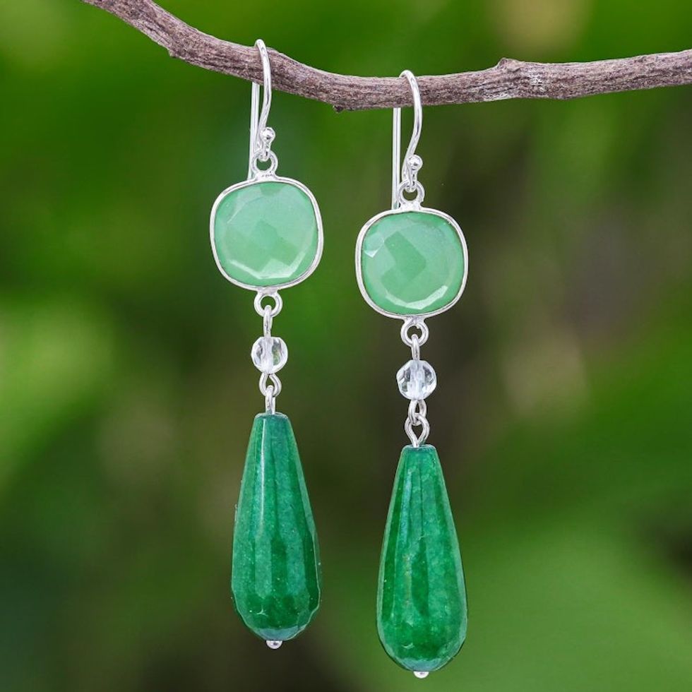 Green Chalcedony and Quartz Dangle Earrings 'Easy Being Green'