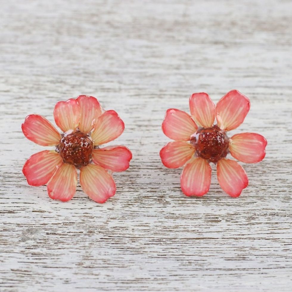 Resin Coated Natural Zinnia Button Earrings from Thailand 'Red Summertime Zinnia'