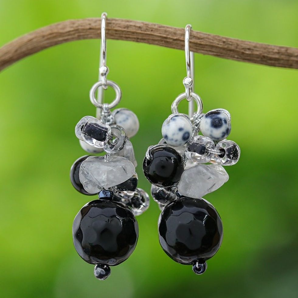 Quartz and Onyx Dangle Earrings from Thailand 'Lovely Blend in Black'