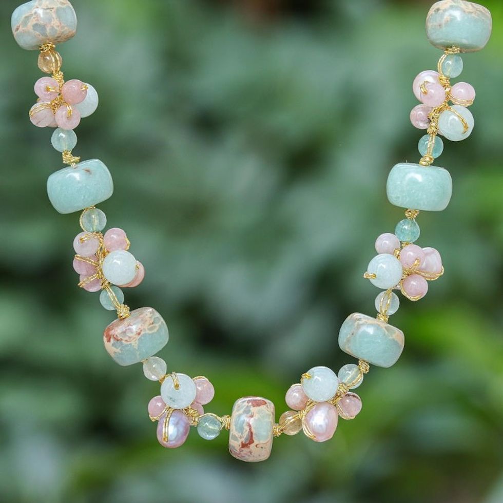 Handmade Rose Quartz and Cultured Pearl Pendant Necklace 'Pastel Mood'