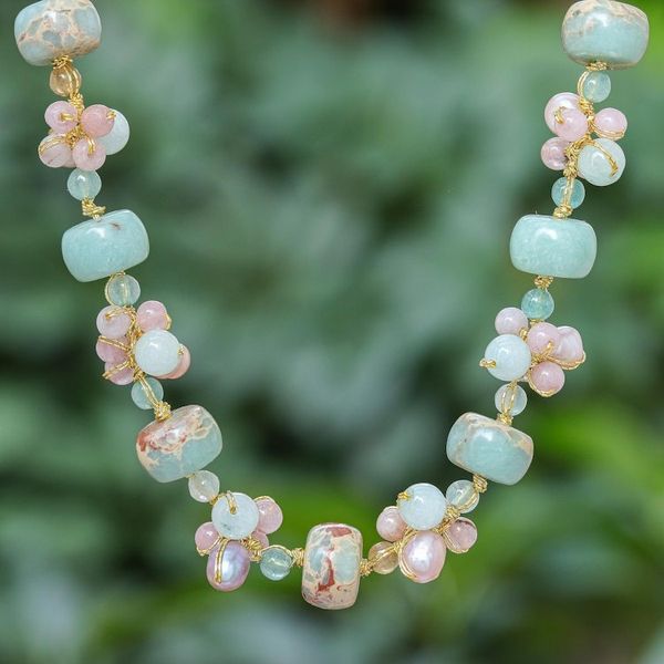 Alternate image for Handmade Rose Quartz and Cultured Pearl Pendant Necklace Pastel Mood