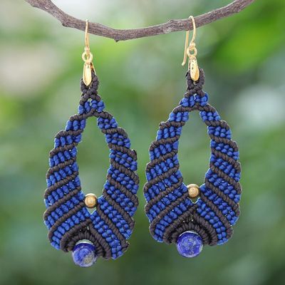 Alternate image for Blue and Black Macrame Dangle Earrings with Lapis Lazuli Beaded Cocoons in Blue
