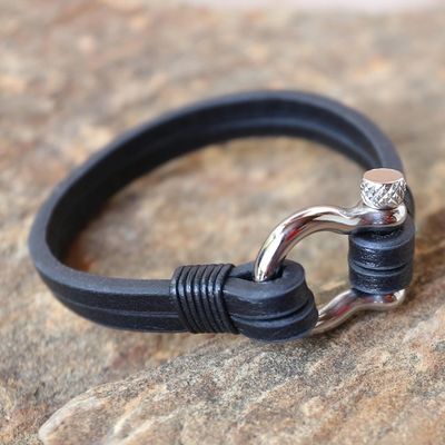 Alternate image for Leather Wristband Bracelet in Black from Thailand Sleek Movement in Black