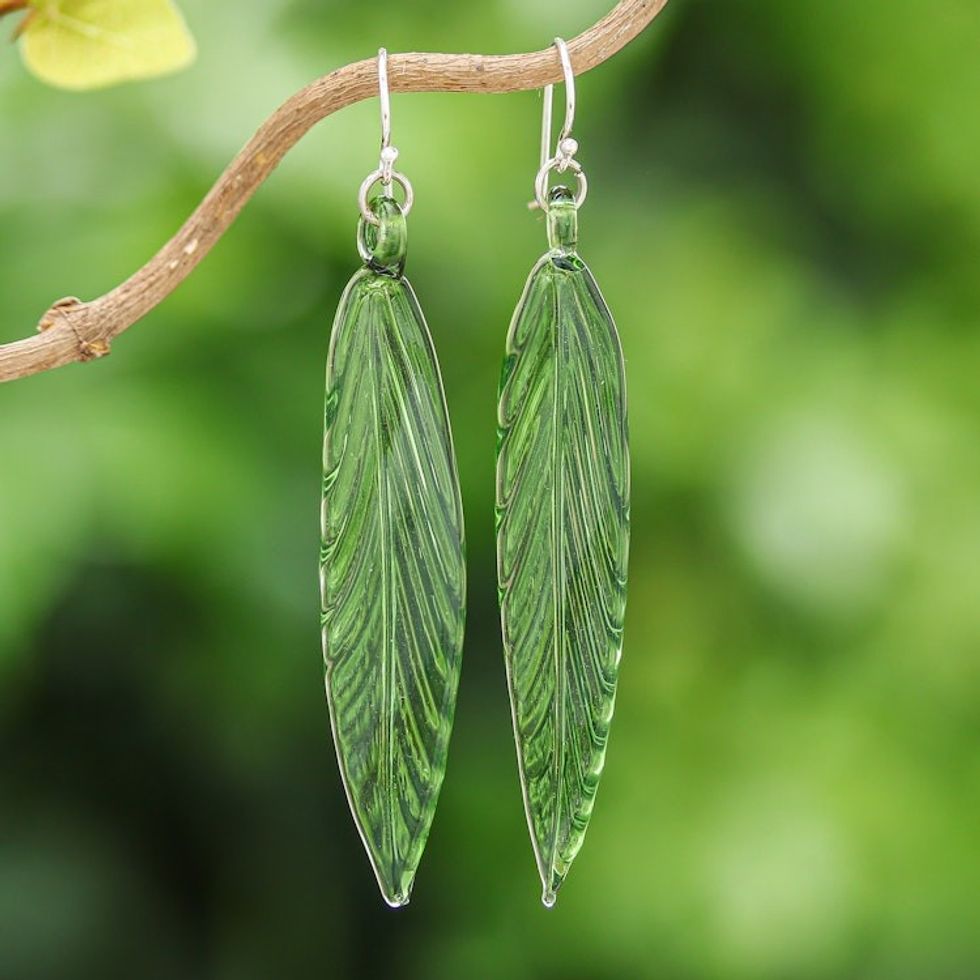 Handblown Leaf-Shaped Green Glass Dangle Earrings 'Bamboo Leaf'