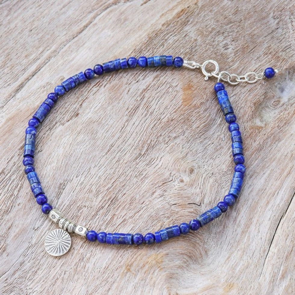 Natural Lapis Lazuli Beaded Anklet with Silver Charm 'True Charm'