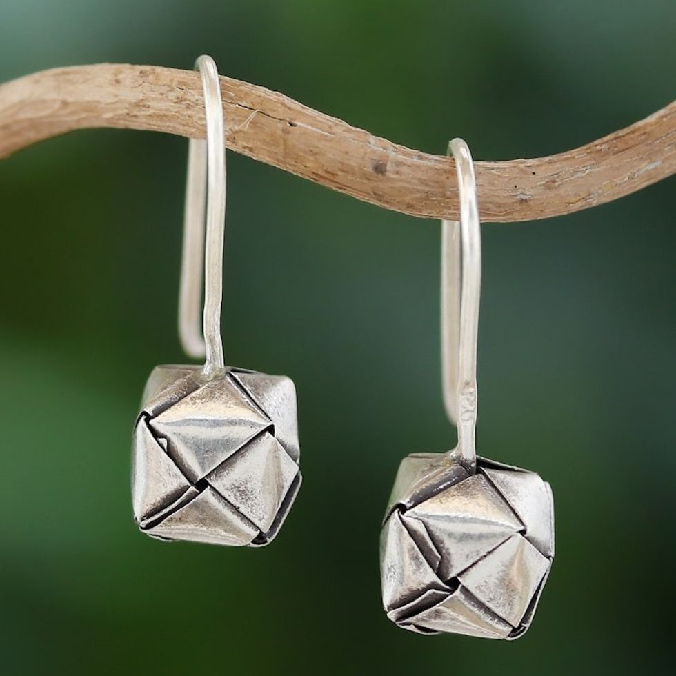 Polished Geometric Silver Drop Earrings Crafted in Thailand 'Future Me'