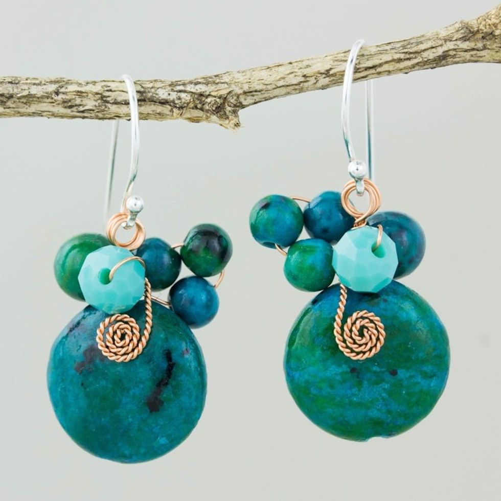 Teal Serpentine and Glass Bead Dangle Earrings with Copper 'Moonlight Garden in Teal'