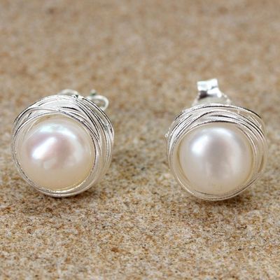 Alternate image for Cultured Pearl Sterling Silver Stud Earrings from Thailand Haloed Moons