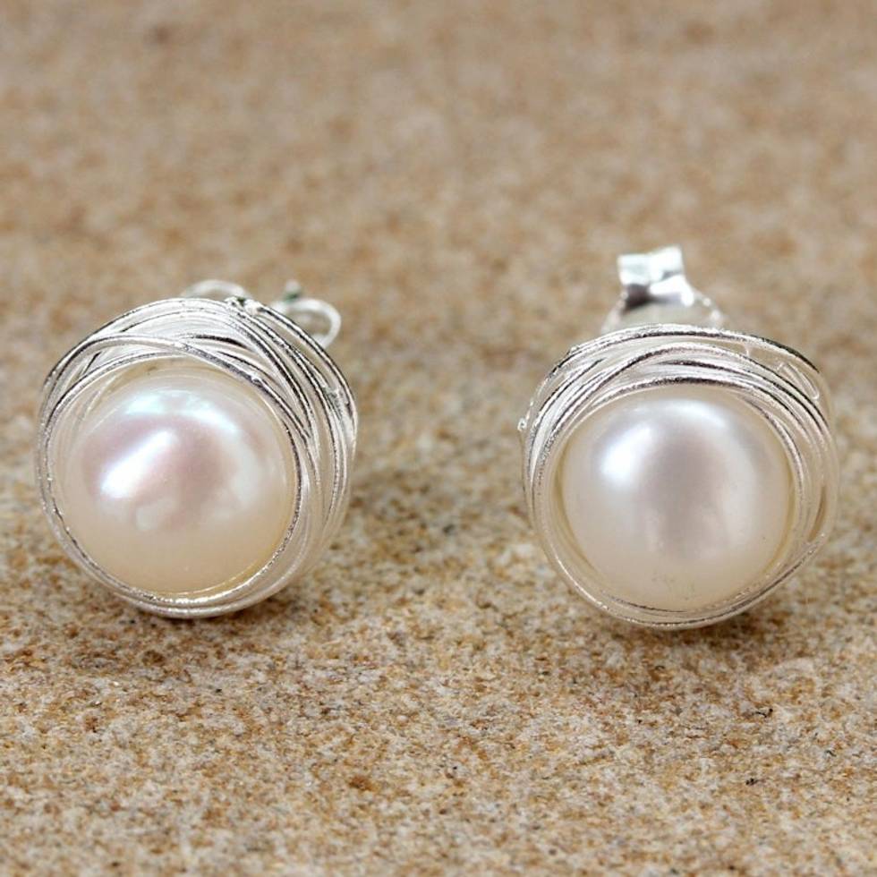 Cultured Pearl Sterling Silver Stud Earrings from Thailand 'Haloed Moons'