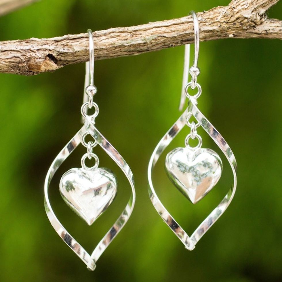 Sterling Silver 925 Heart Motif Dangle Earrings 'Captive Heart'
