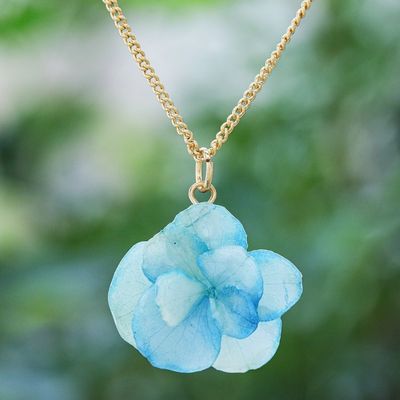 Alternate image for Gold-Plated Blue Hydrangea Petal Pendant Necklace Wild Hydrangea in Blue
