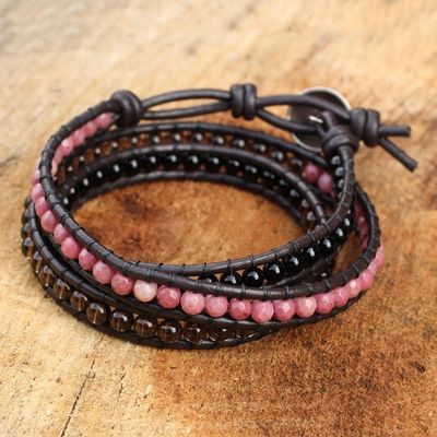 Alternate image for Onyx Rhodonite Smoky Quartz and Leather Bracelet Elegant Enigma