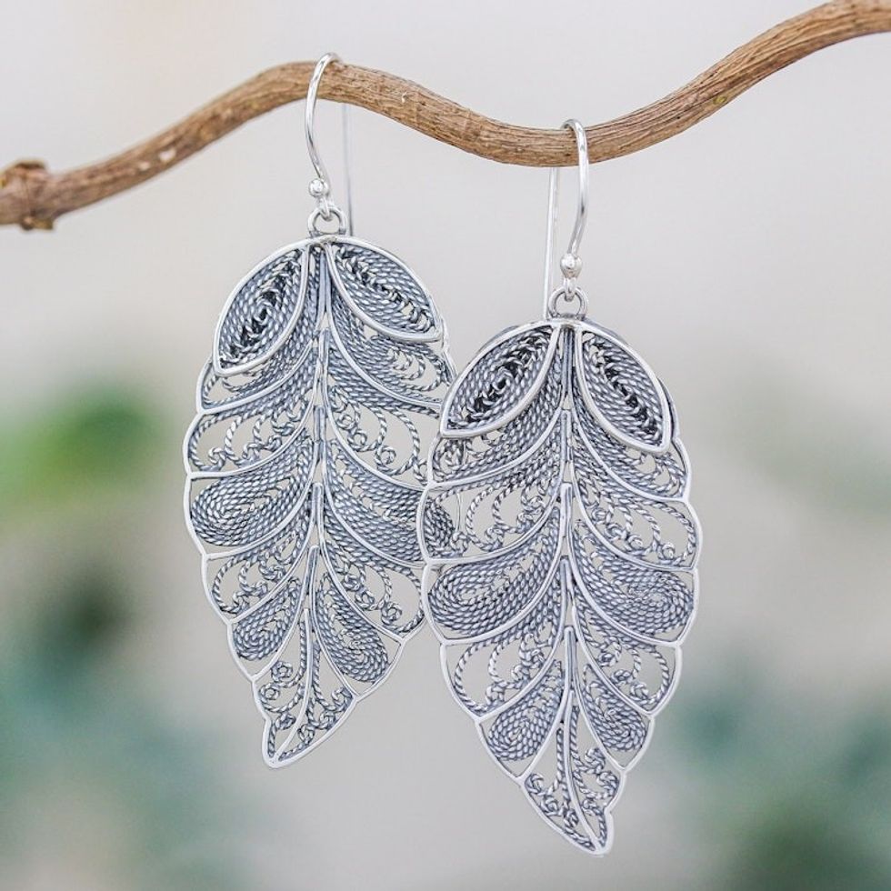 Sterling Silver Filigree Leaf Dangle Earrings from Thailand 'Feathered Leaves'