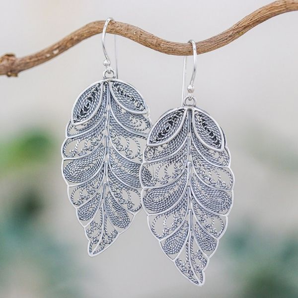 Alternate image for Sterling Silver Filigree Leaf Dangle Earrings from Thailand Feathered Leaves