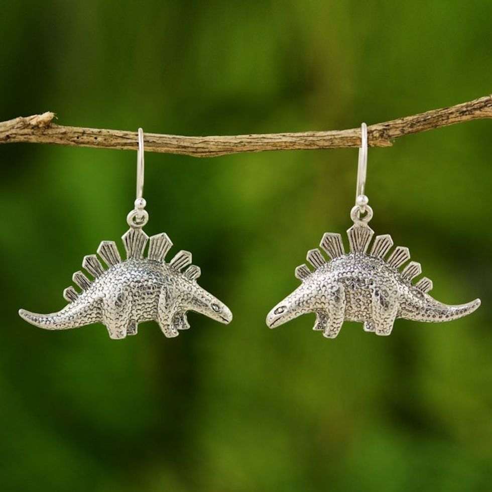 Fair Trade 950 Silver Dinosaur Dangle Earrings 'Dinosaur Shield'