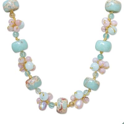 Alternate image for Handmade Rose Quartz and Cultured Pearl Pendant Necklace Pastel Mood