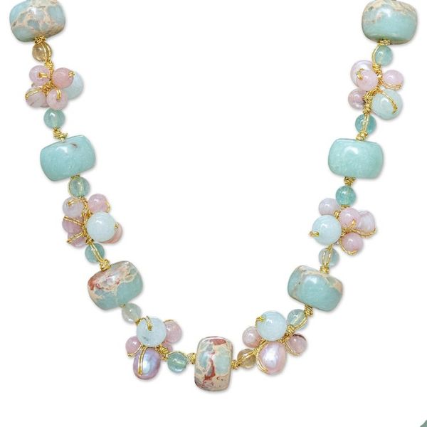 Alternate image for Handmade Rose Quartz and Cultured Pearl Pendant Necklace Pastel Mood