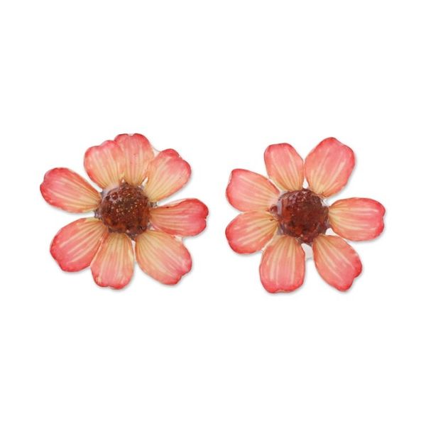 Alternate image for Resin Coated Natural Zinnia Button Earrings from Thailand Red Summertime Zinnia