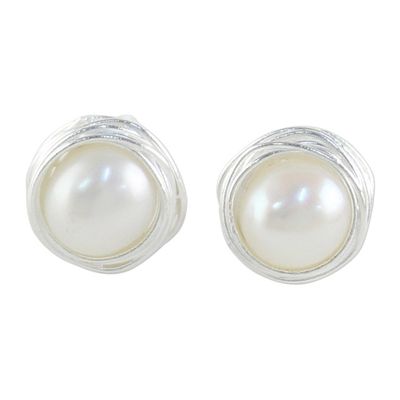 Alternate image for Cultured Pearl Sterling Silver Stud Earrings from Thailand Haloed Moons