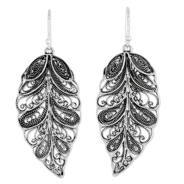 Alternate image for Sterling Silver Filigree Leaf Dangle Earrings from Thailand Feathered Leaves