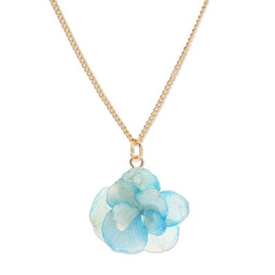 Alternate image for Gold-Plated Blue Hydrangea Petal Pendant Necklace Wild Hydrangea in Blue
