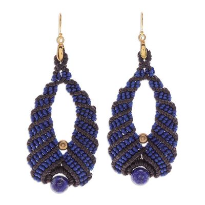 Alternate image for Blue and Black Macrame Dangle Earrings with Lapis Lazuli Beaded Cocoons in Blue
