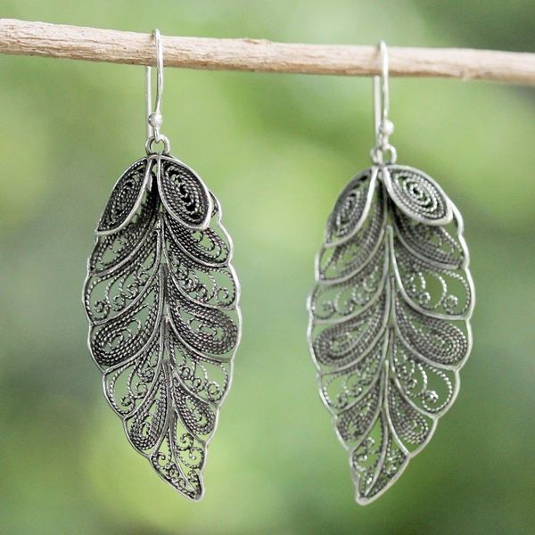 Alternate image for Sterling Silver Filigree Leaf Dangle Earrings from Thailand Feathered Leaves