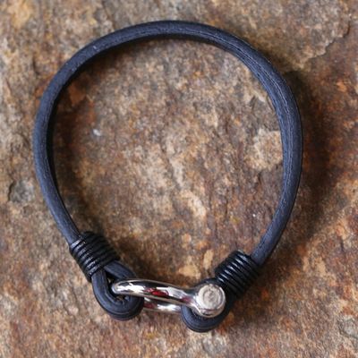 Alternate image for Leather Wristband Bracelet in Black from Thailand Sleek Movement in Black