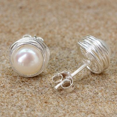 Alternate image for Cultured Pearl Sterling Silver Stud Earrings from Thailand Haloed Moons