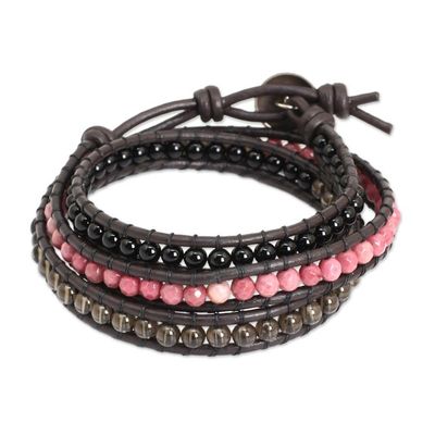 Alternate image for Onyx Rhodonite Smoky Quartz and Leather Bracelet Elegant Enigma