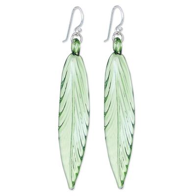 Alternate image for Handblown Leaf-Shaped Green Glass Dangle Earrings Bamboo Leaf