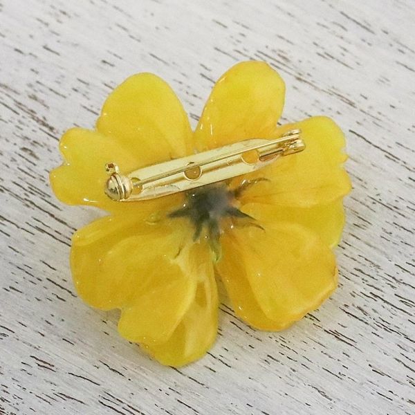 Alternate image for Natural Cosmos Flower Brooch in Goldenrod from Thailand Blooming Cosmos in Goldenrod
