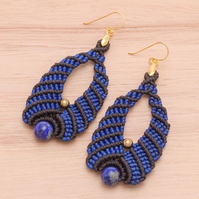 Alternate image for Blue and Black Macrame Dangle Earrings with Lapis Lazuli Beaded Cocoons in Blue