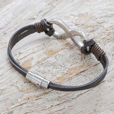 Alternate image for Brown Leather Unisex Pendant Bracelet Cool Infinity in Brown