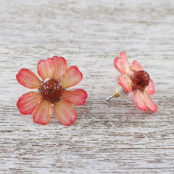 Alternate image for Resin Coated Natural Zinnia Button Earrings from Thailand Red Summertime Zinnia