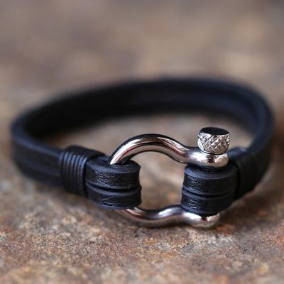 Alternate image for Leather Wristband Bracelet in Black from Thailand Sleek Movement in Black