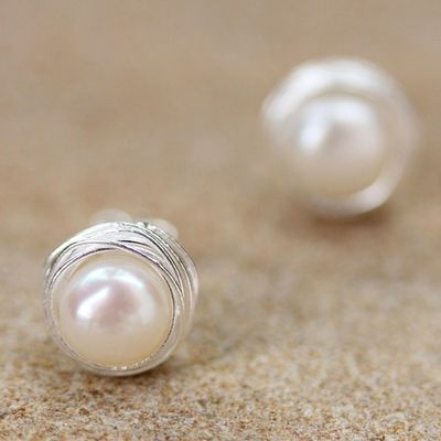Alternate image for Cultured Pearl Sterling Silver Stud Earrings from Thailand Haloed Moons