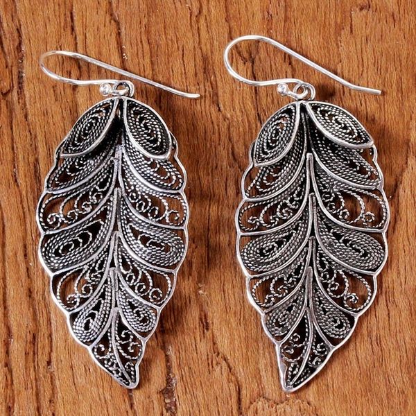 Alternate image for Sterling Silver Filigree Leaf Dangle Earrings from Thailand Feathered Leaves