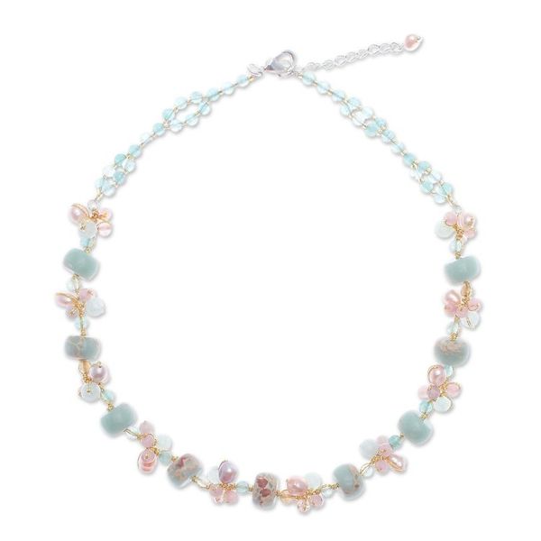Alternate image for Handmade Rose Quartz and Cultured Pearl Pendant Necklace Pastel Mood