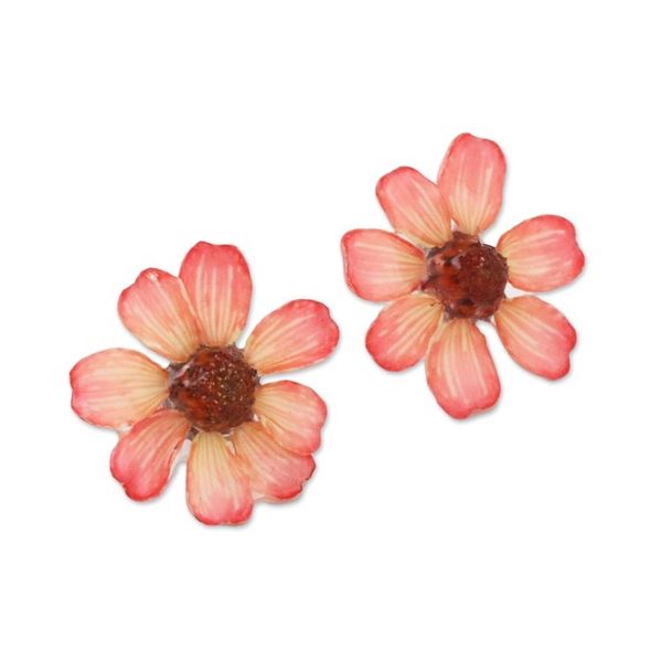 Alternate image for Resin Coated Natural Zinnia Button Earrings from Thailand Red Summertime Zinnia