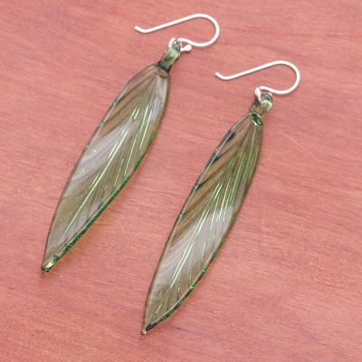 Alternate image for Handblown Leaf-Shaped Green Glass Dangle Earrings Bamboo Leaf