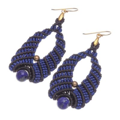 Alternate image for Blue and Black Macrame Dangle Earrings with Lapis Lazuli Beaded Cocoons in Blue
