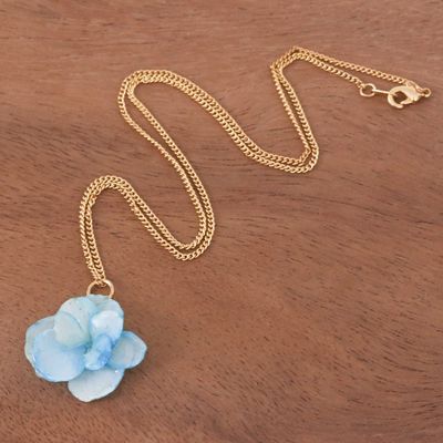 Alternate image for Gold-Plated Blue Hydrangea Petal Pendant Necklace Wild Hydrangea in Blue