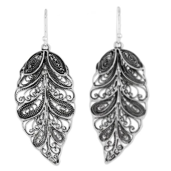 Alternate image for Sterling Silver Filigree Leaf Dangle Earrings from Thailand Feathered Leaves