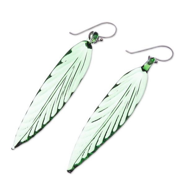 Alternate image for Handblown Leaf-Shaped Green Glass Dangle Earrings Bamboo Leaf